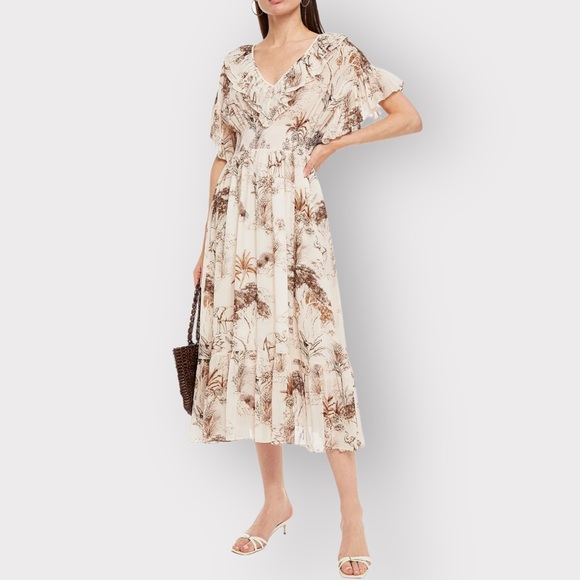 SANDRO Marro ruffled printed gauze midi dress size 36 - Picture 1 of 10